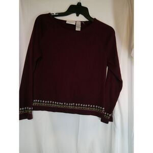 Burgundy Long‎ Sleeve Sweater with Decorative Embroidered Trim Casual Pullover